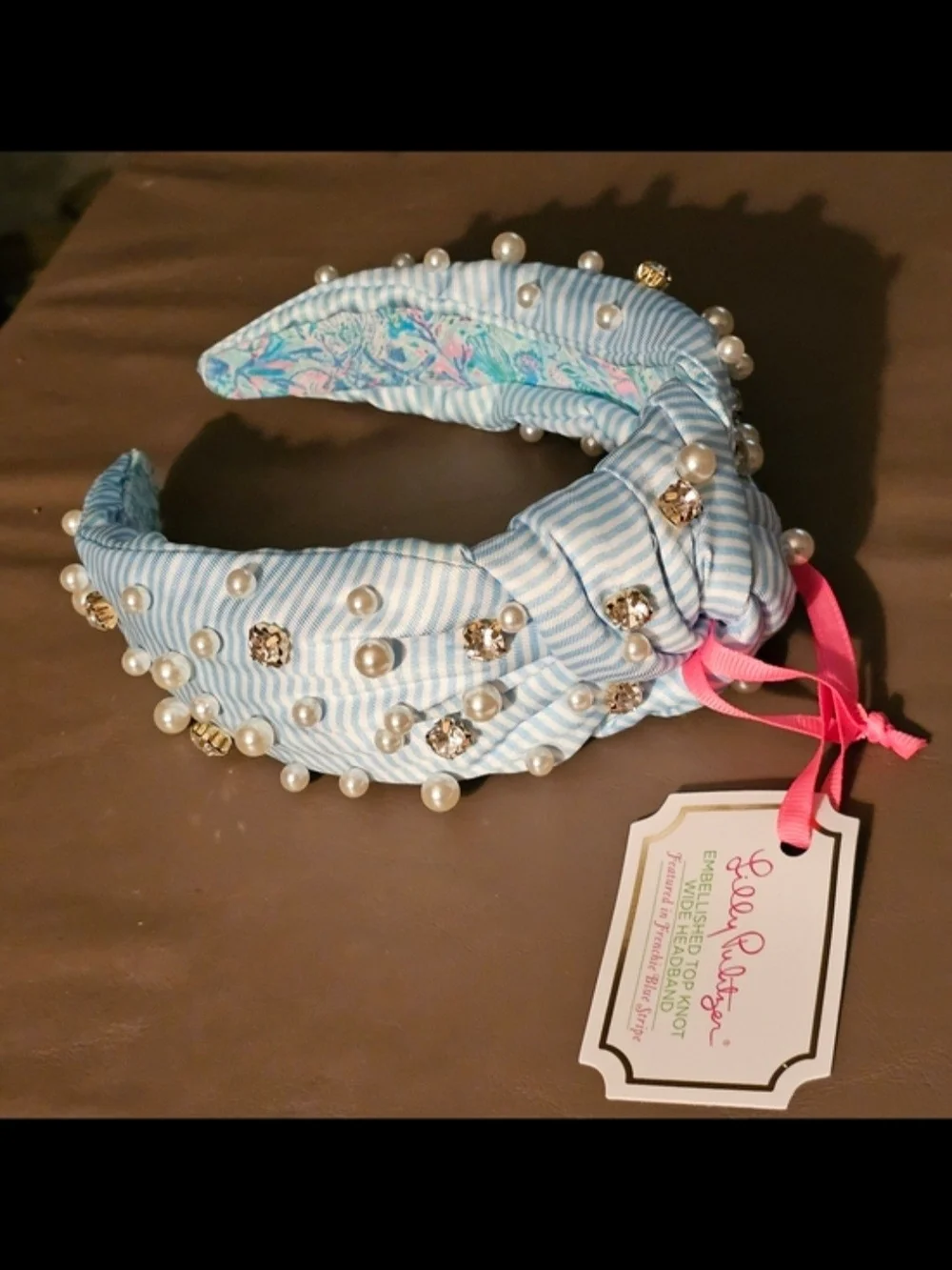 Lilly Pulitzer Light Blue & White Striped Pearl and Gem Knotted Headband